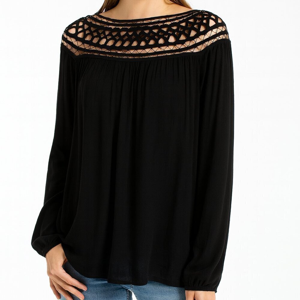 Heartloom Black Long Sleeve Open-Weave Lattice Neckline Blouse Size XS